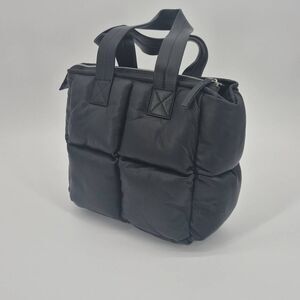 STYLISM Black Leather Puffy Quilted Square Tote